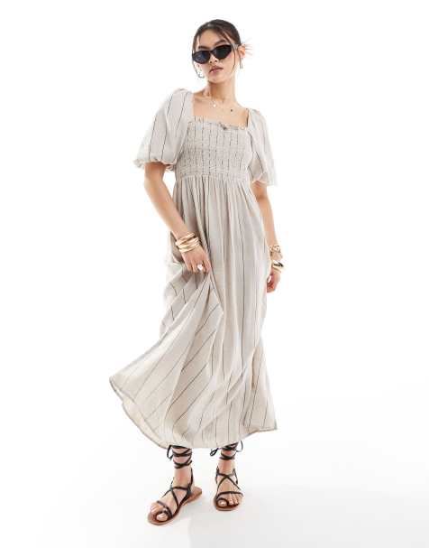 River Island - Jurk van linnenmix met pofmouwen in lichtstone - view 1