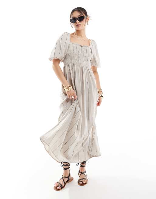 River Island - Jurk van linnenmix met pofmouwen in lichtstone