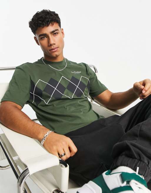 River Island – Kakifärgad t-shirt i smal passform med argylemönster