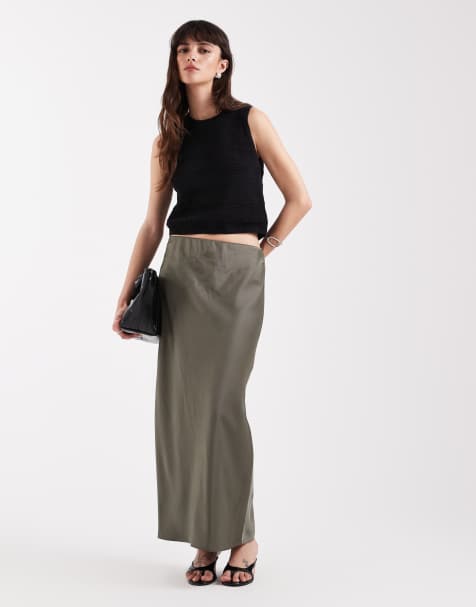 River Island - Kakifarvet maxinederdel i satin - view 1