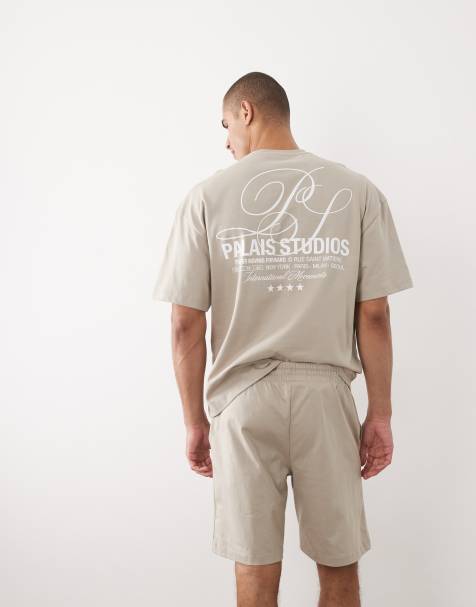 River Island – Kamiennobeżowy zestaw z tekstowym nadrukiem: T-shirt oversize o pudełkowym kroju i szorty - view 1