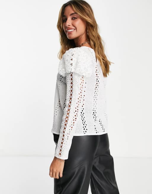 River Island - Kanten blouse met broderie in wit, 2 van 4