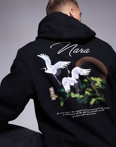 River Island – Kapuzenpullover in Schwarz mit Kranich-Printmotiv in japanischem Stil hinten - view 1