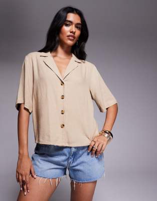 River Island - Kastige Hemdbluse in steinbeiger Leinenoptik-Neutral