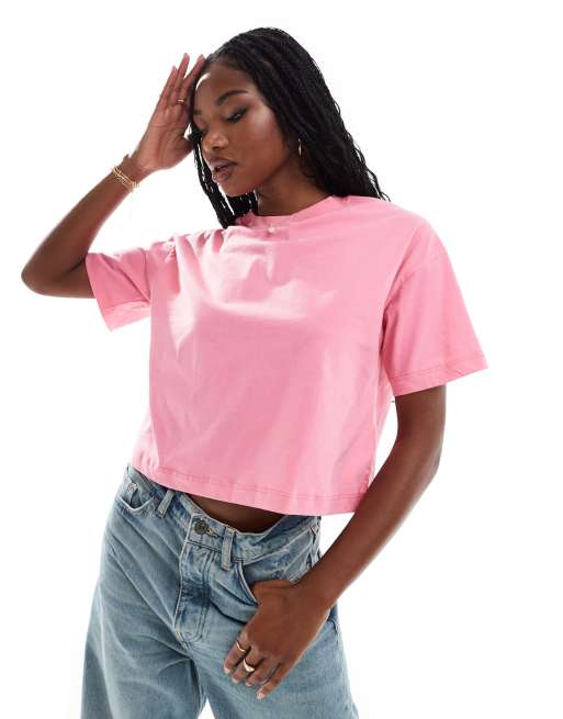 River Island – Kastiges, kurzes T-Shirt in leuchtendem Rosa