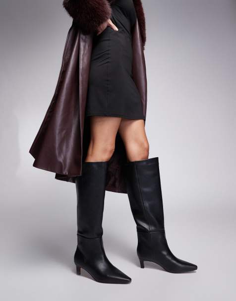 River Island kitten heel knee high boots in black - view 1