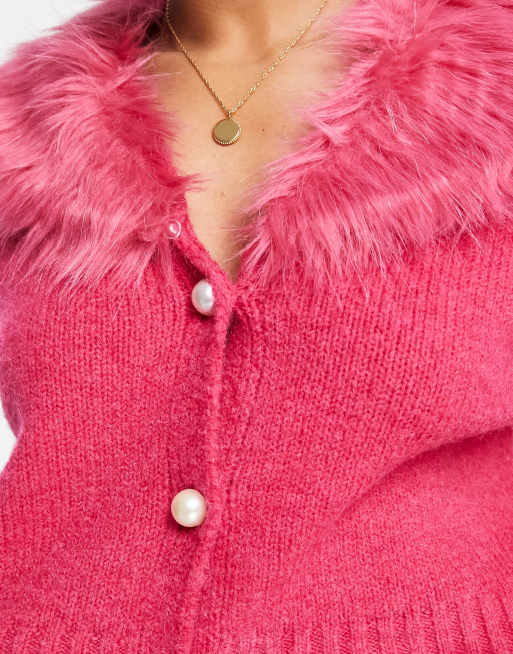River Island – Klarrosa kofta med fuskpälskrage, 3 av 4