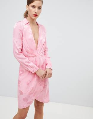 River Island dress with plunge neck line in floral jacquard print-Pink Pink