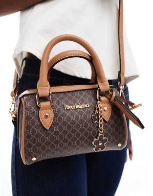 River Island - Kleine Bowler-Tasche in Dunkelbraun mit Monogramm-Muster-Brown