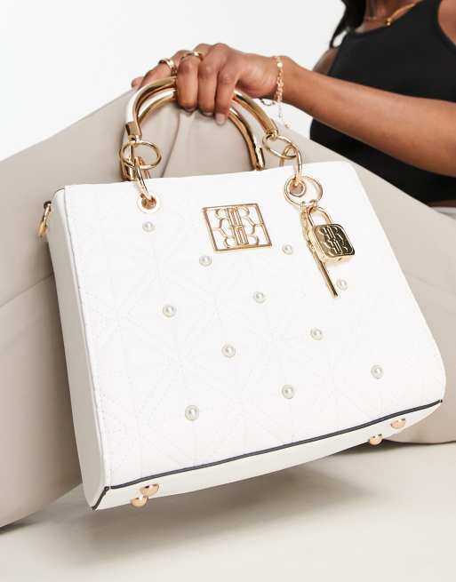 River Island - Kleine doorgestikte tote met pareldetail in wit