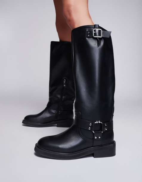 River Island knee high biker boot in black - view 1