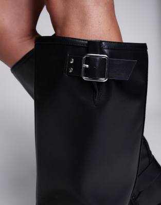 River Island Knee High Biker Boot In Black