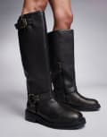 [River Island] River Island knee high biker boots in distressed brown 36 Dark brown