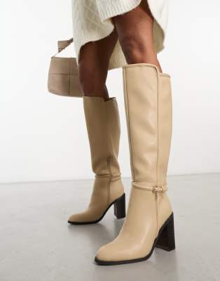 River Island knee high boot with buckle detail in beige