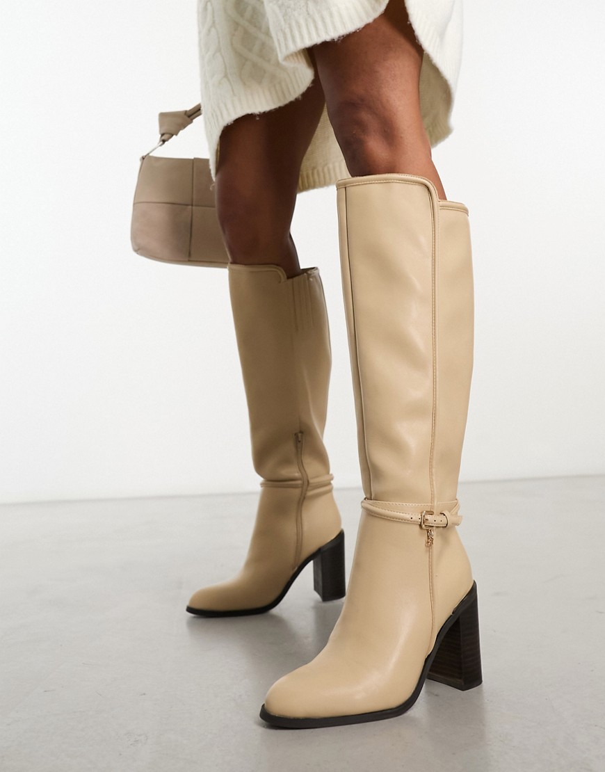 River Island knee high boot with buckle detail in beige-Neutral