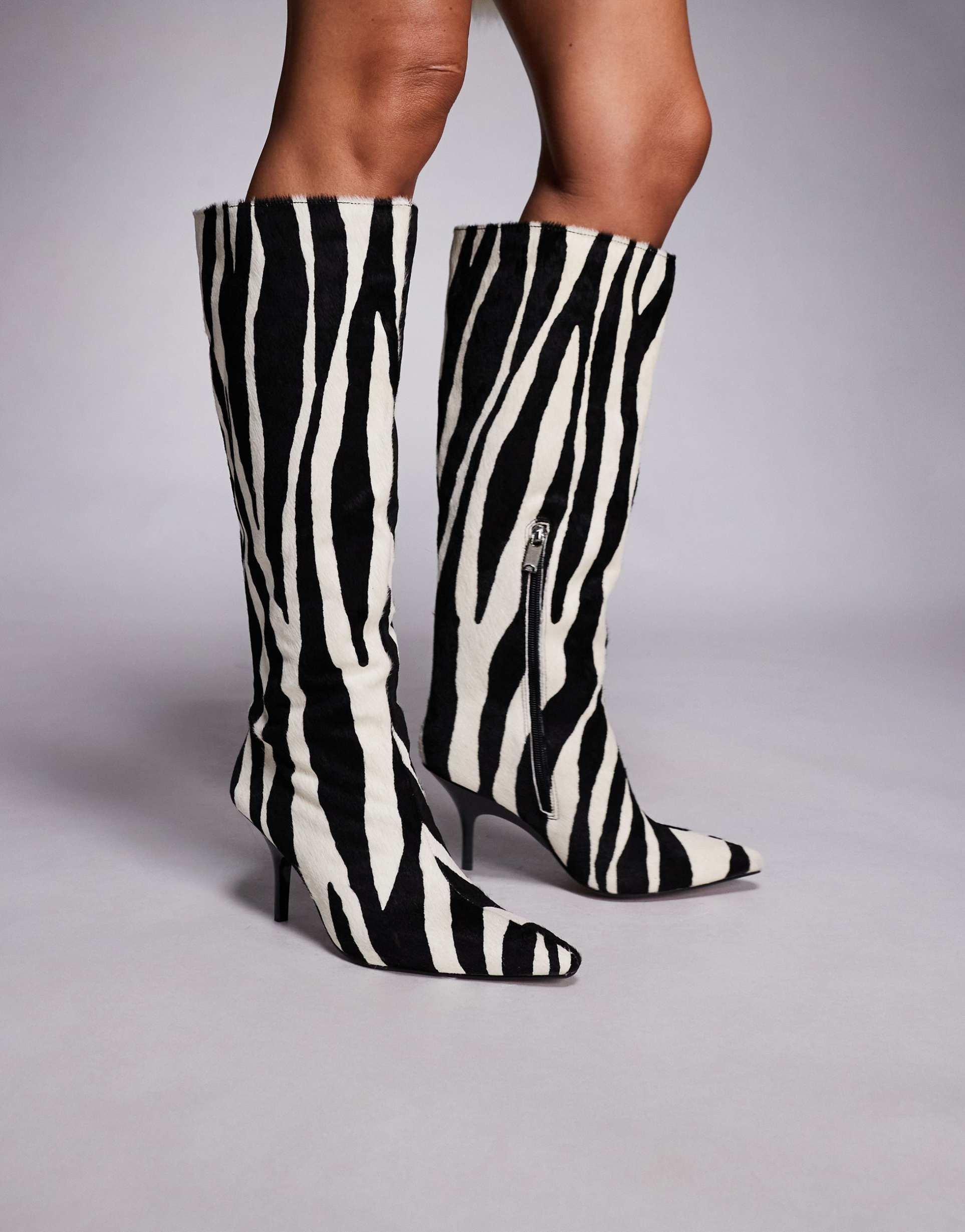 river island knee high boots in zebra leather 'hair on' in black