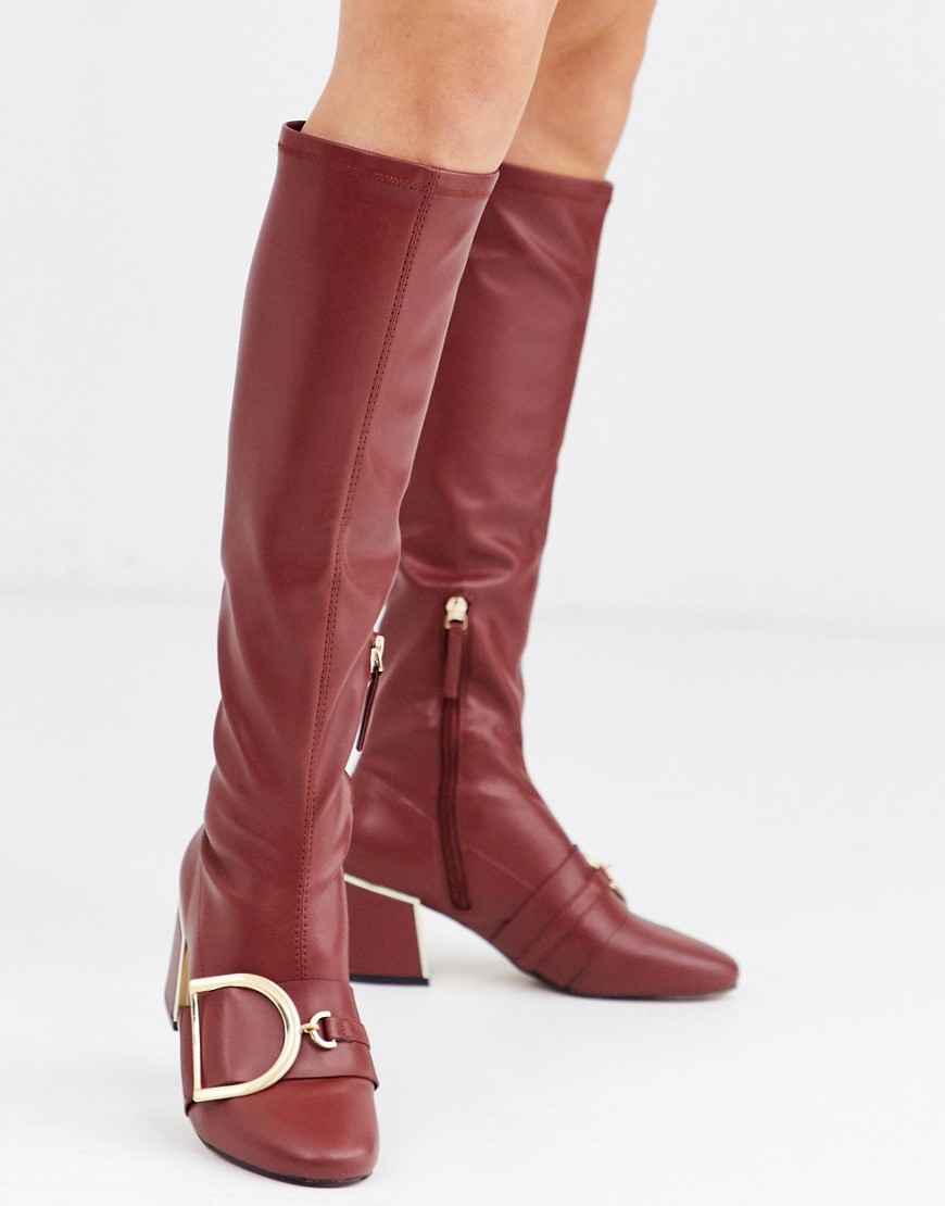 River Island knee high heeled boot with buckle detail in red