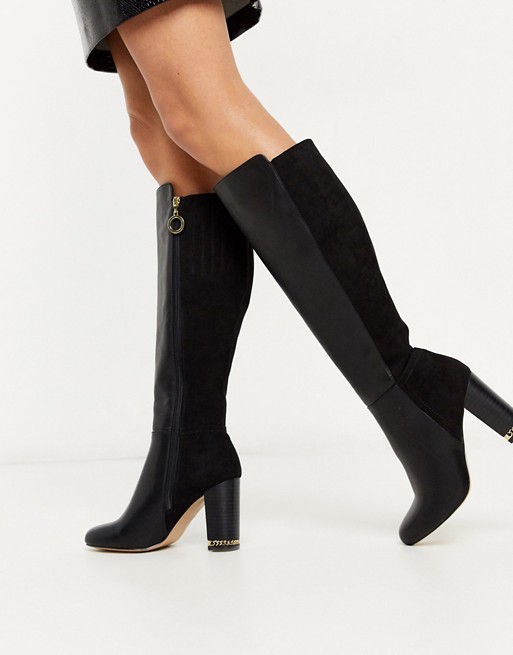 River Island knee high heeled boot with chain detail in black