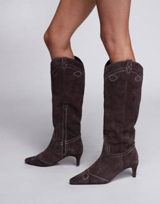 River Island Knee High Heeled Suede Western Boot In Brown