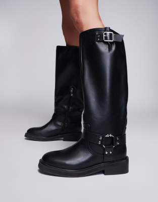 River Island - Kniehohe Bikerstiefel in Schwarz