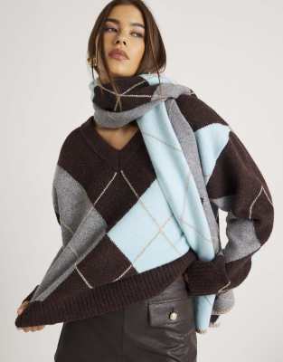 River Island Knit Argyle V Neck Sweater In Brown