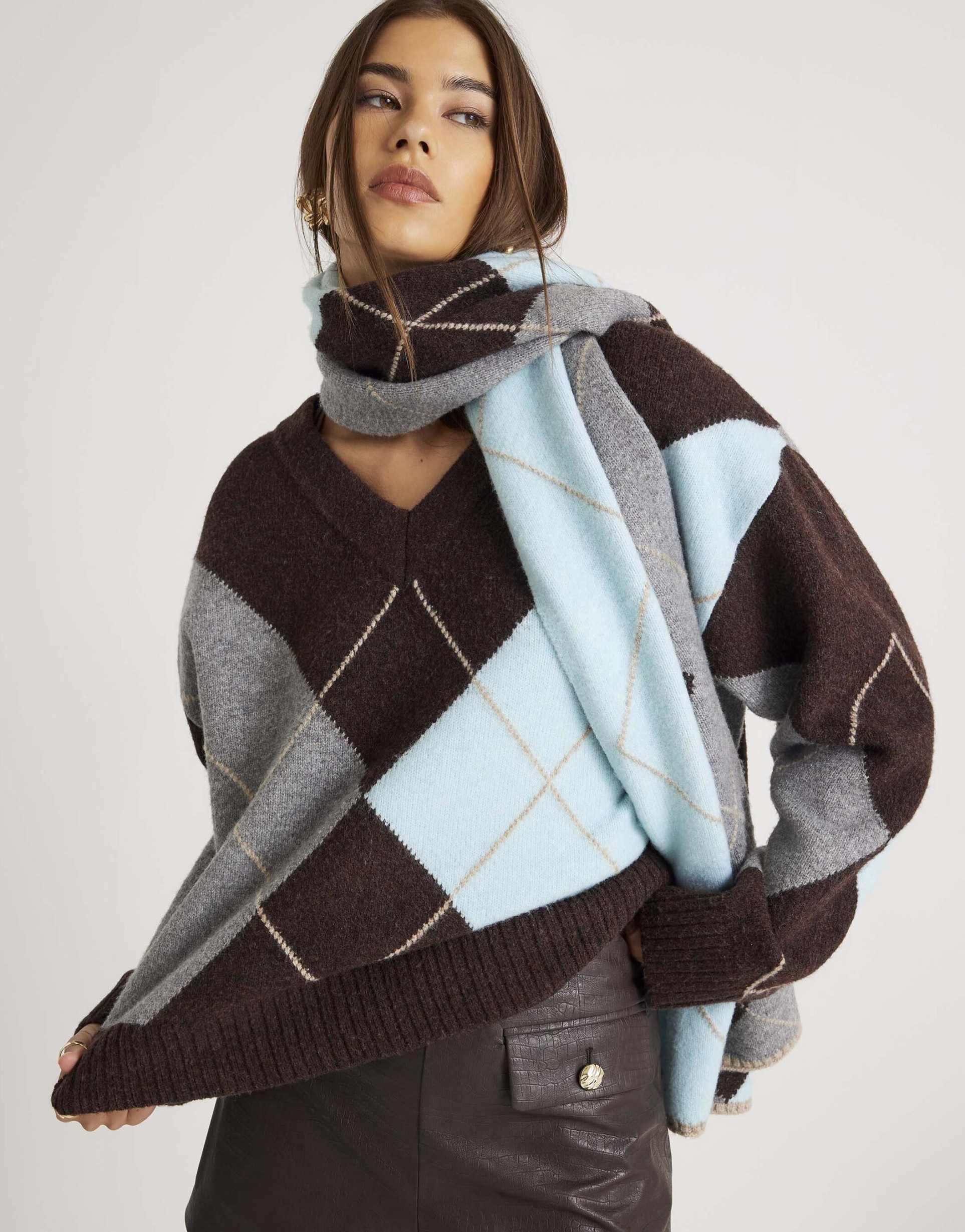 river island knit argyle v neck sweater in brown - dark