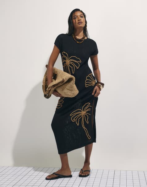 River Island Knit beaded midi beach dress in black - view 1