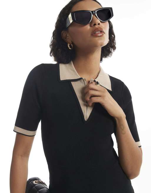 River Island Knit blocked polo skater dress in black, 2 of 4