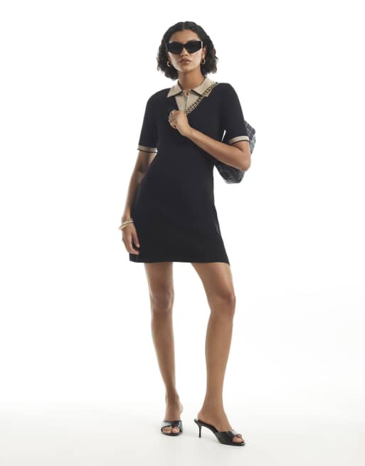 River Island Knit blocked polo skater dress in black, 3 of 4