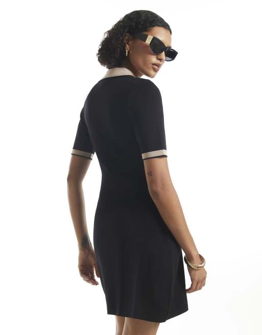 River Island Knit blocked polo skater dress in black, 4 of 4
