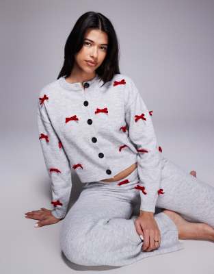 River Island Knit Bow Detail Cardigan And Pants Set In Gray