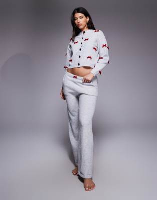 River Island Knit Bow Detail Cardigan And Pants Set In Gray