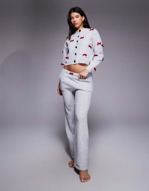 River Island knit bow detail cardigan and pants set in gray, 2 of 4