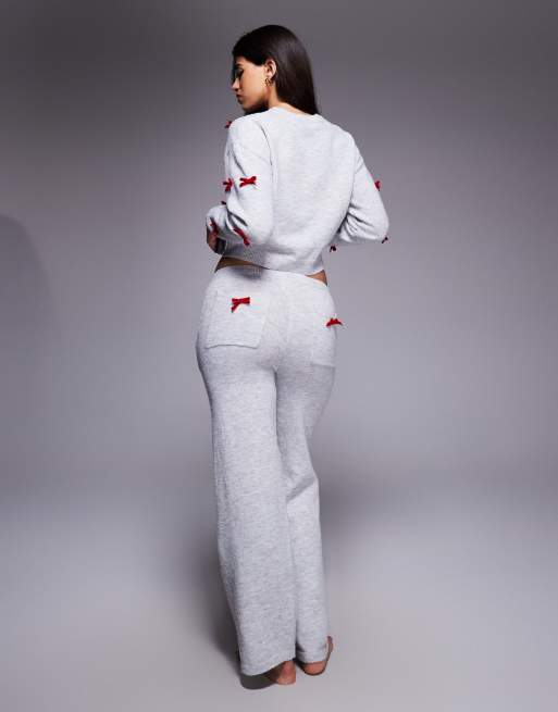 River Island knit bow detail cardigan and pants set in gray, 4 of 4