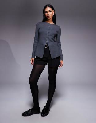 River Island Knit Button Up Top In Gray