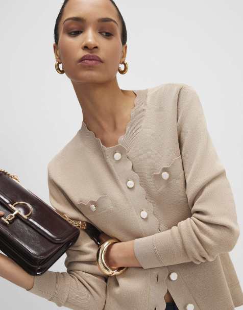 River Island Knit fitted scallop trim cardigan in brown - light