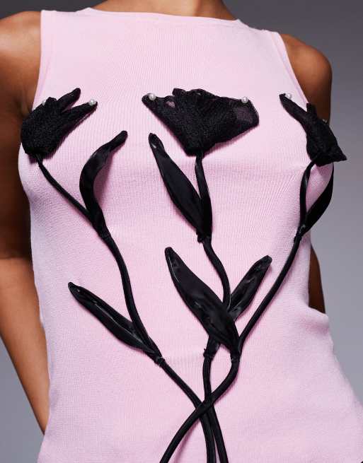 River Island knit floral applique tank top in light pink, 3 of 4