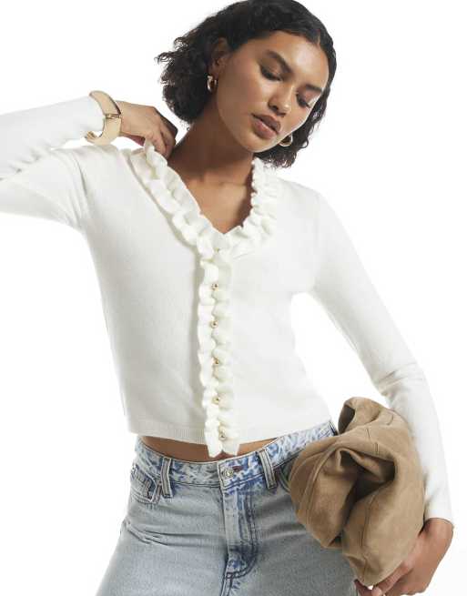 River Island Knit frill neck jumper in cream, 3 of 4