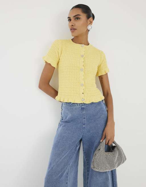 River Island Knit frill trim short sleeve cardigan in lime