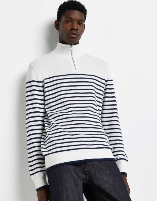 River Island knit half zip stripe sweater in white & navy