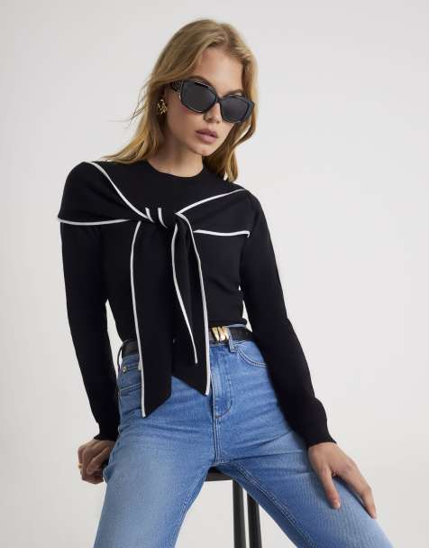 River Island Knit long sleeve tipped bow jumper in black - view 1