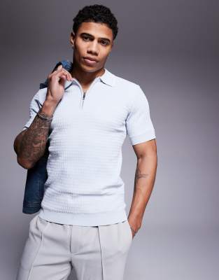 River Island Knit Muscle Fit Polo In Blue