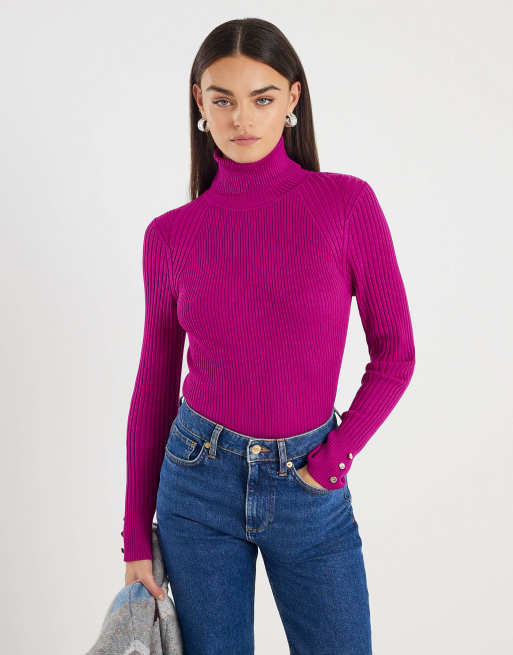 River Island Knit ribbed roll neck top in pink - bright