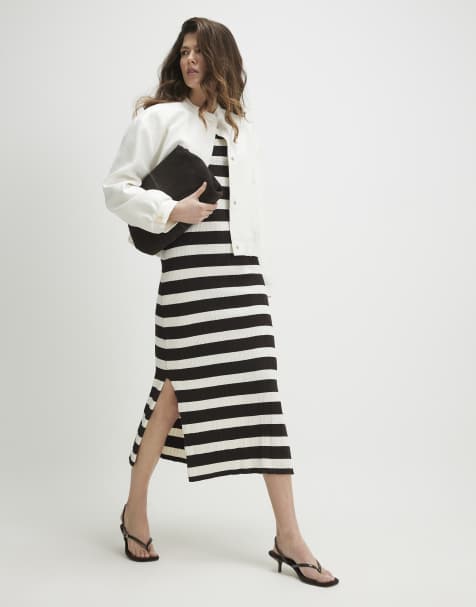 River Island knit ribbed striped dress in dark brown - view 1