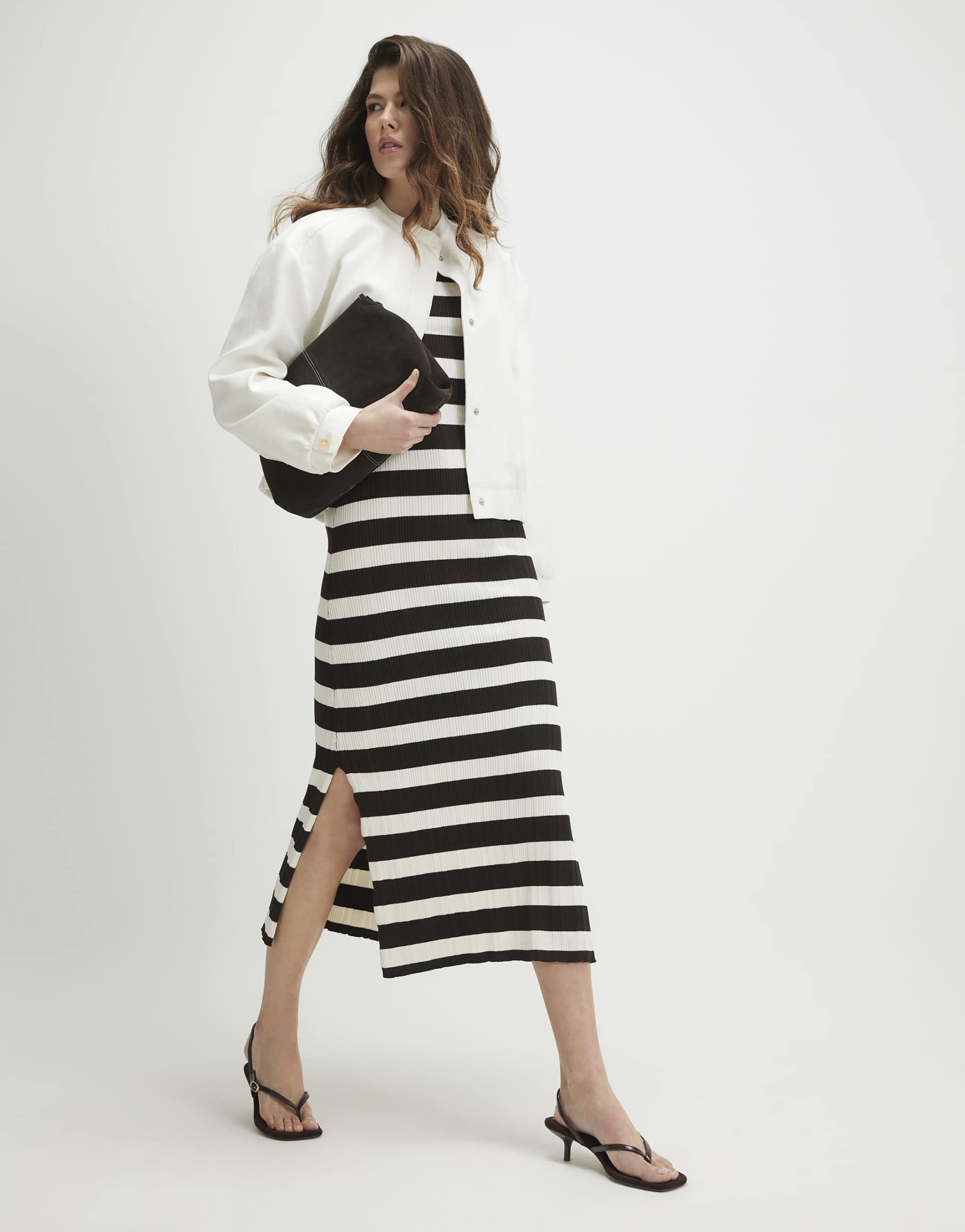 river island knit ribbed striped dress in dark brown