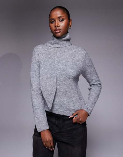 River Island knit scarf detail neck jumper in grey marl - view 1