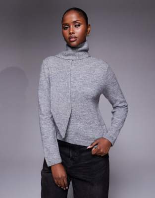 River Island Knit Scarf Detail Neck Sweater In Gray