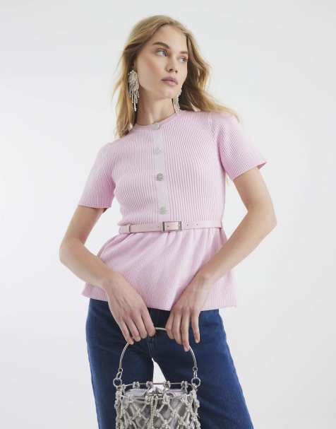 River Island Knit short sleeve belted top in pink - light - view 1