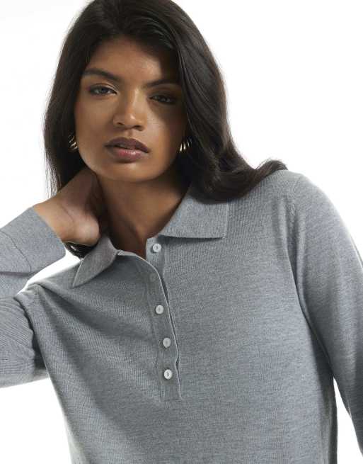 River Island Knit shoulder pad polo top in grey, 2 of 4