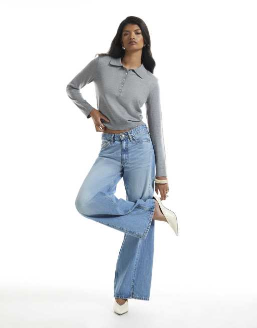 River Island Knit shoulder pad polo top in grey, 3 of 4